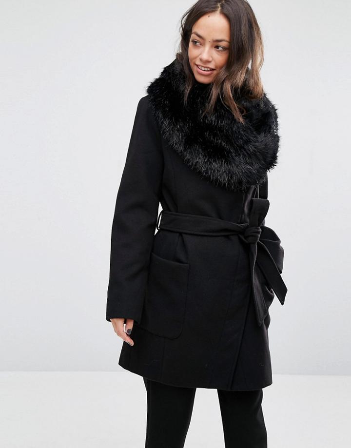 Oasis Faux Fur Trim Belted Coat - Black