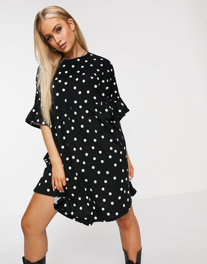 Asos Design Super Oversized Frill Sleeve Smock Dress In Black And White Polka-dot Print