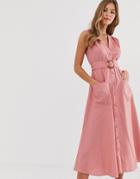 Asos Design Linen Button Through Midi Dress With Belt - Pink