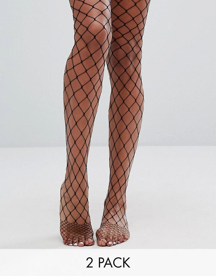 Asos 2 Pack Oversized Fishnet Tights In Black And Orange - Multi