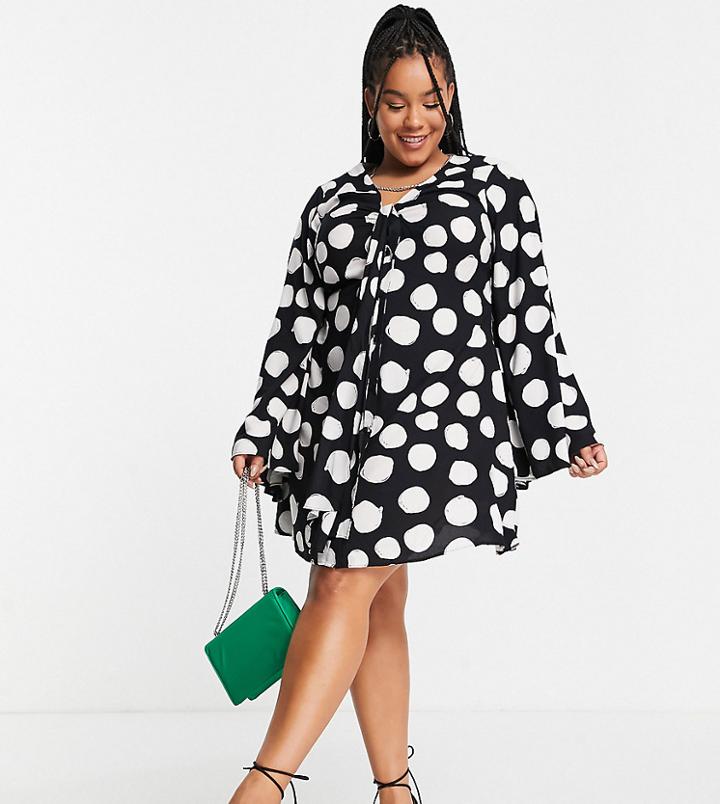 Asos Design Curve Mini Shirt Dress With Tie Front And Flared Sleeve In Spot Print-multi