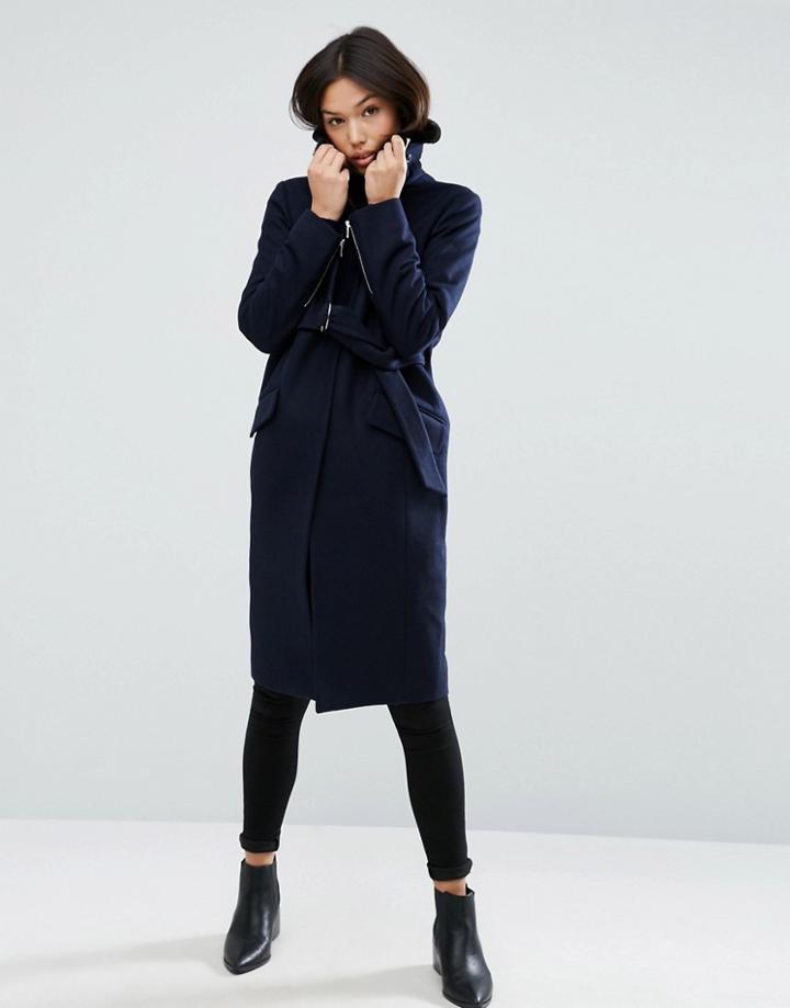 Asos Coat With Faux Fur Collar And Belt In Wool Mix - Navy