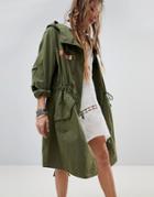 Native Rose Oversized Parka Jacket With Tapestry Tassel Back Panel - Green