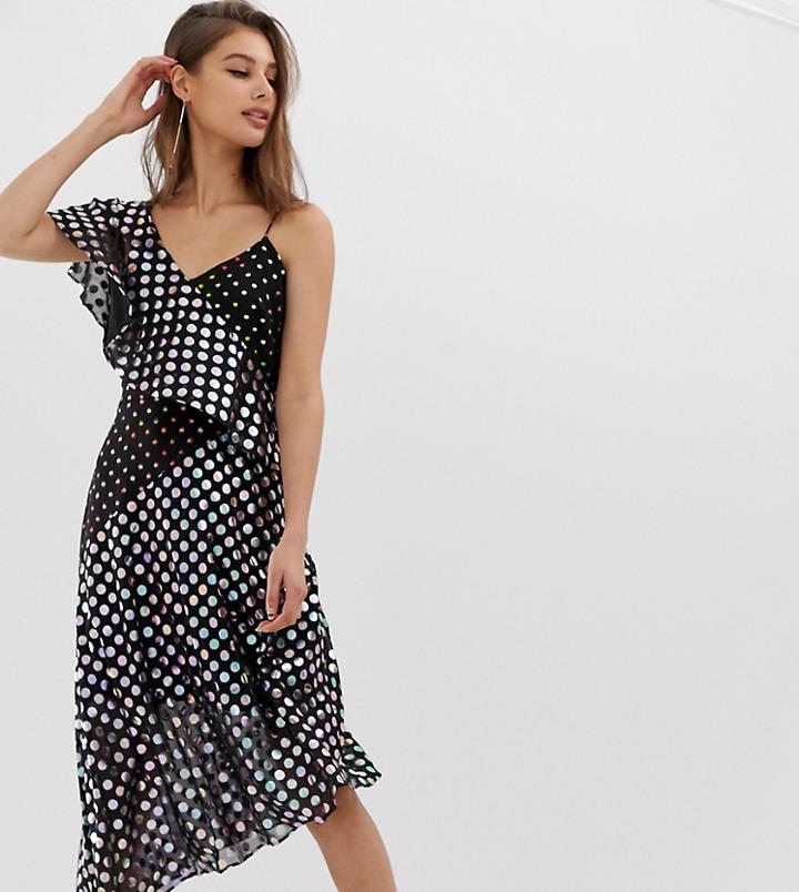 Warehouse Asymmetric Midi Dress In Mixed Spot Foil Print - Multi