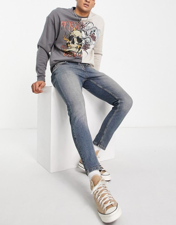 Topman Stretch Tapered Jeans In Mid Wash Green Cast Tint-blue