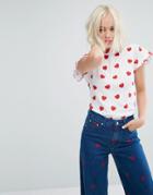 Lazy Oaf All Over Heart T-shirt With Frilly Sleeves - White