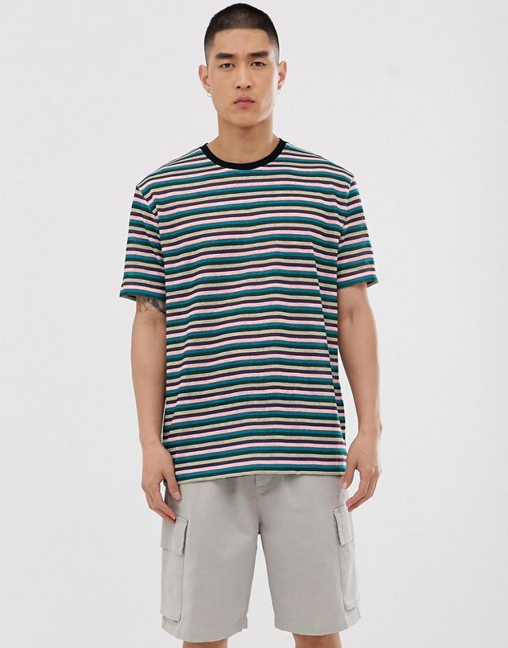 Asos Design Relaxed Stripe T-shirt In Linen Look With Contrast Neck Rib - Multi