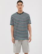Asos Design Relaxed Stripe T-shirt In Linen Look With Contrast Neck Rib - Multi