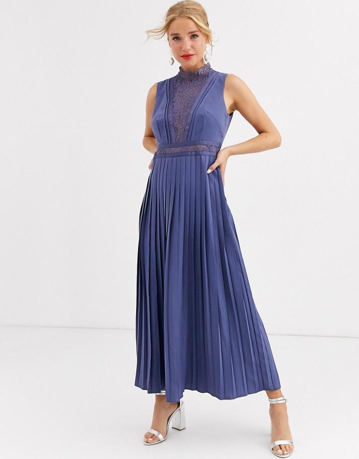 Little Mistress Lace Detail Midi Dress With Pleated Skirt In Lavender Gray-grey