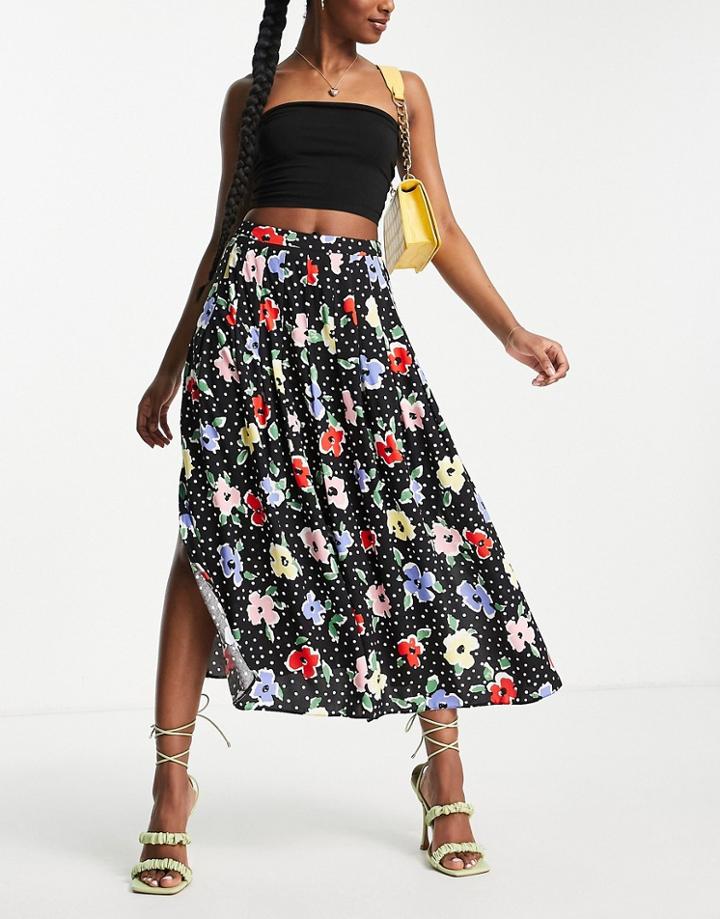 Nobody's Child Pleated Midi Skirt With Slit In Polka Dot Floral-black