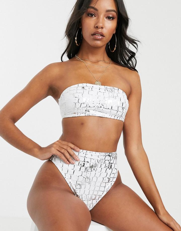 Asos Design Recycled Mix And Match Square Bandeau Bikini Top In White Graphic Snake Foil Print - White