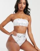 Asos Design Recycled Mix And Match Square Bandeau Bikini Top In White Graphic Snake Foil Print - White