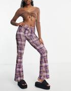 Topshop Mesh Key Hole Flared Pants In Purple Grunge Check