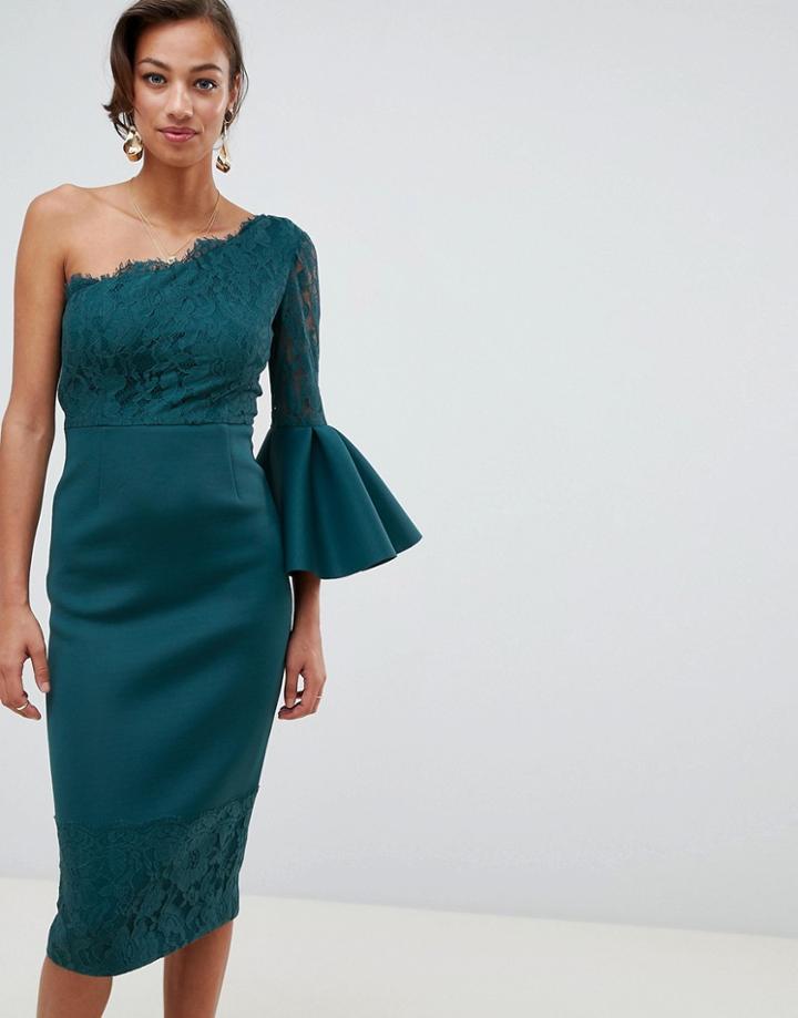 Asos Design One Shoulder Lace Mix Midi Pencil Dress-blue