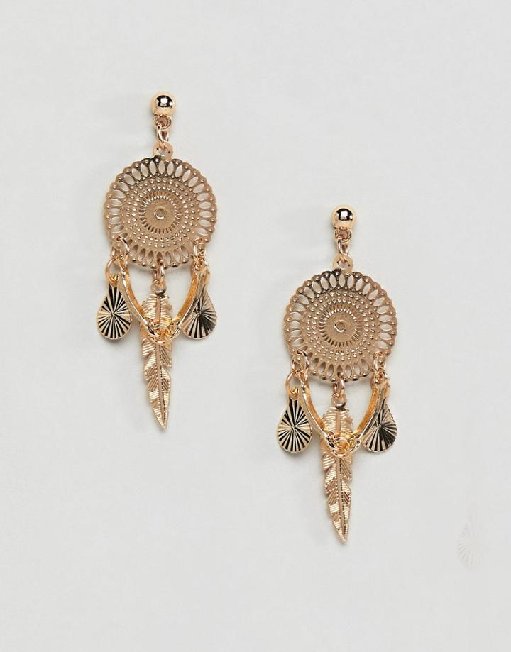 Asos Design Filigree Disc And Feather Earrings - Gold