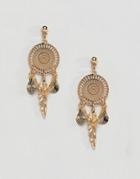 Asos Design Filigree Disc And Feather Earrings - Gold