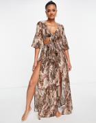 Asos Design Tiered Maxi Beach Skirt Set In Blurred Animal Print-multi