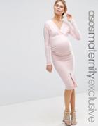Asos Maternity Ruched Midi Dress With Long Sleeves And Split - Pink