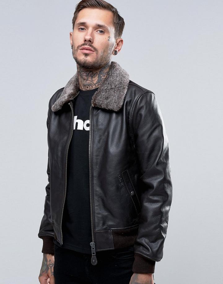 Schott Leather Flight Jacket Detachable Faux Fur Collar - Brown