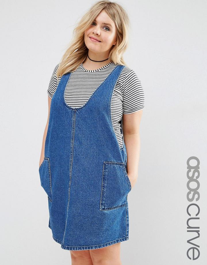 Asos Curve Minimal Mini Pinafore Dress In Midwash Blue - Blue