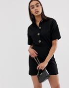 Asos Design Mini Dress With Collar And Leopard Print Buttons - Black