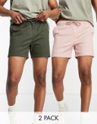 Asos Design 2 Pack Slim Chino Shorts With Elasticated Waist In Pink And Dark Green Save - Multi
