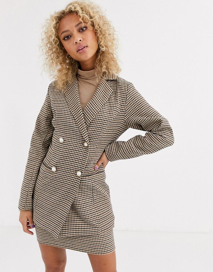 Parisian Tailored Longline Herringbone Double Breasted Blazer In Brown
