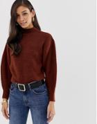 Asos Design Chunky Sweater With Stitch Detail And Balloon Sleeve-brown