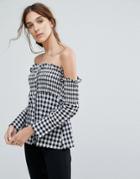 Neon Rose Off-shoulder Long Sleeve Top With Shirring In Gingham - Black