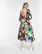 Asos Edition Volume Sleeve Midi Dress With Cut-out Back In Abstract Print-multi