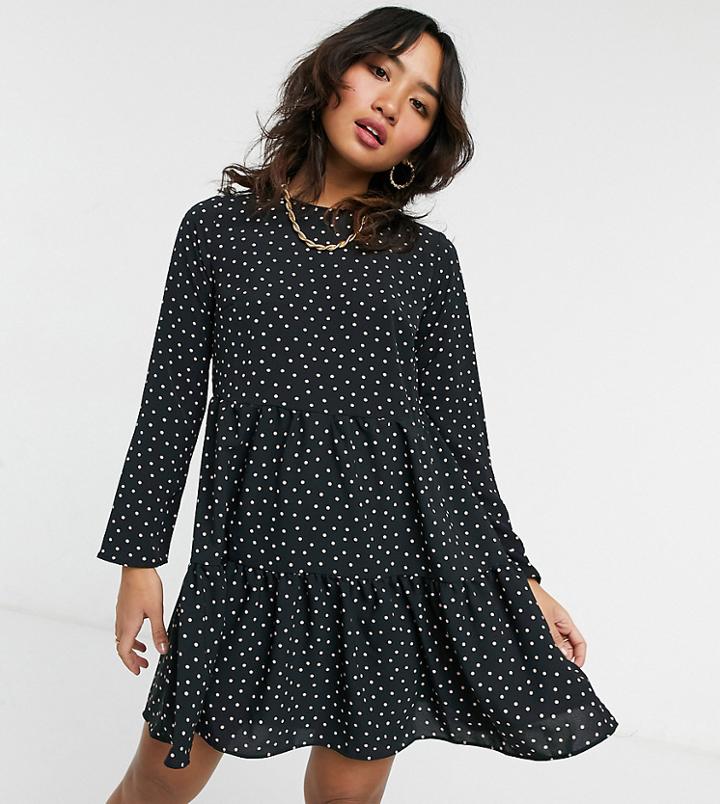 Asos Design Petite Long Sleeve Tiered Smock Mini Dress In Black/ Nude Dots-multi
