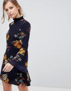 Parisian High Neck Floral Printed Dress - Navy