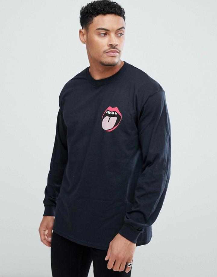 New Love Club Tongue Print Long Sleeve Top - Black