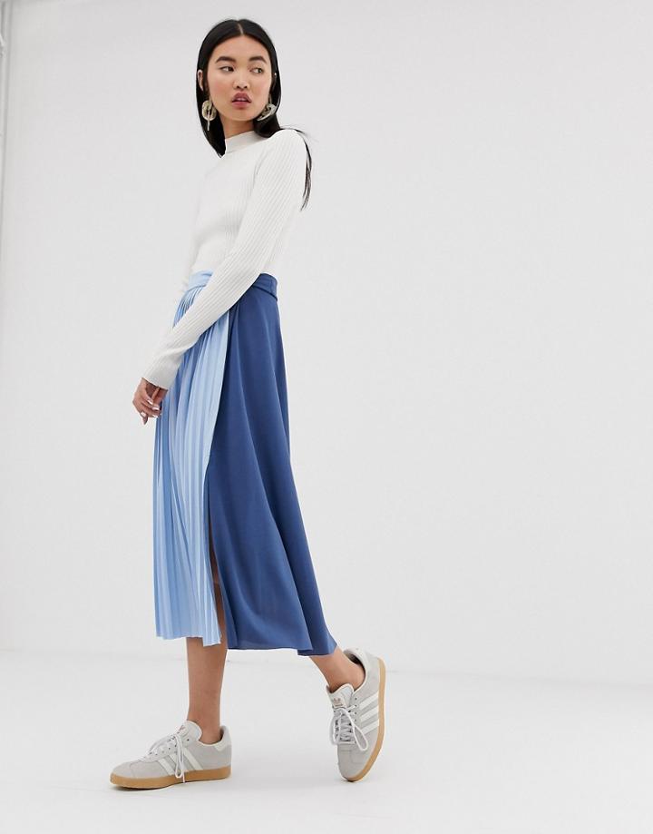 Asos Design Twist Knot Front Midi Skirt With Color Block Pleat Insert - Blue