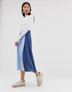 Asos Design Twist Knot Front Midi Skirt With Color Block Pleat Insert - Blue