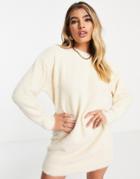 Asos Design Knitted Mini Dress With Crew Neck In Fluffy Yarn In Cream-white