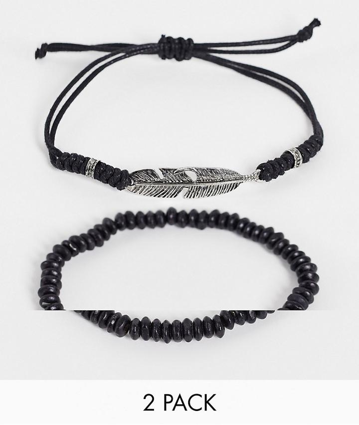 Asos Design 2-pack Beaded And Cord Bracelets With Charm In Black
