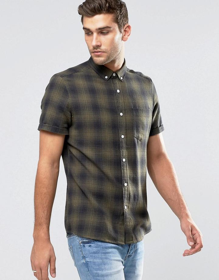 Asos Regular Fit Check Shirt In Khaki - Green