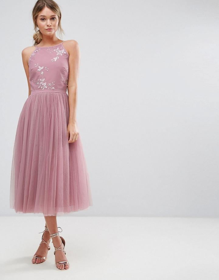 Little Mistress Beaded Mid Dress With Tulle Skirt - Pink