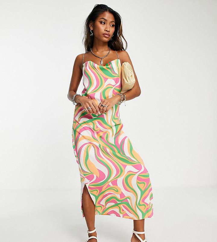 Only Exclusive Cowl Neck Low Back Satin Midi Dress In Swirl Print-multi