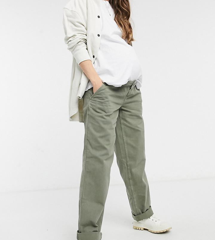 Asos Design Maternity Slouchy Chino Pants In Khaki With Over-the-bump Band-green