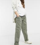 Asos Design Maternity Slouchy Chino Pants In Khaki With Over-the-bump Band-green