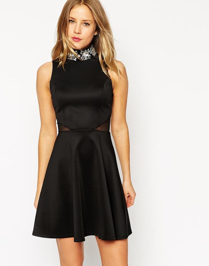 Asos Embellished High Neck Skater Dress - Nude