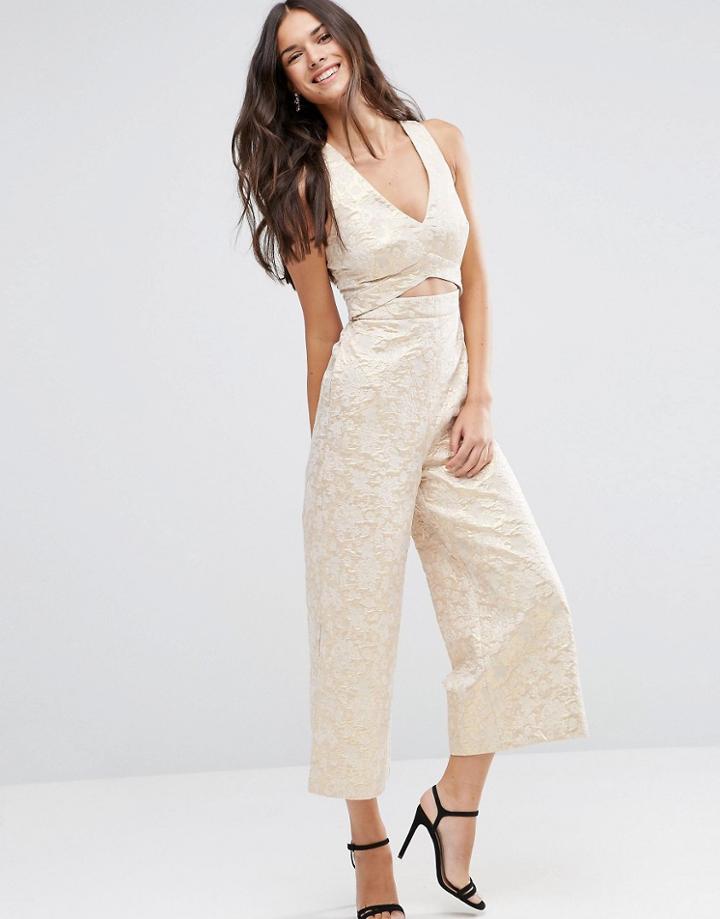 Asos Premium Structured Metallic Jacquard Jumpsuit - Gold