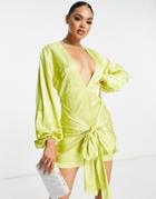 Collective The Label Exclusive Plunge Knot Front Satin Mini Dress In Lime-green