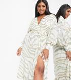 Asos Edition Curve Midi Wrap Dress With Abstract Animal Beading In Cream-multi