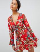 Parisian Tropical Print Romper With Tie Front - Red