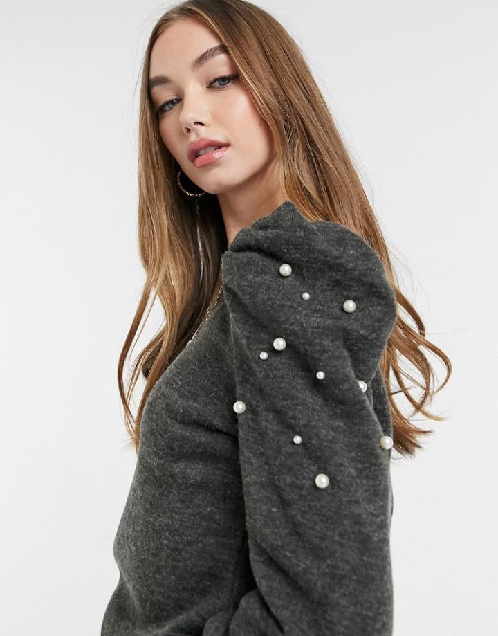Jdy Sweater With Puff Sleeves And Pearl Detail In Gray-grey