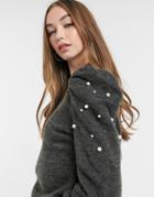 Jdy Sweater With Puff Sleeves And Pearl Detail In Gray-grey
