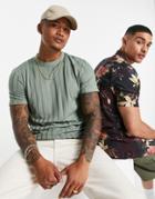 Asos Design T-shirt In Khaki Rib-green